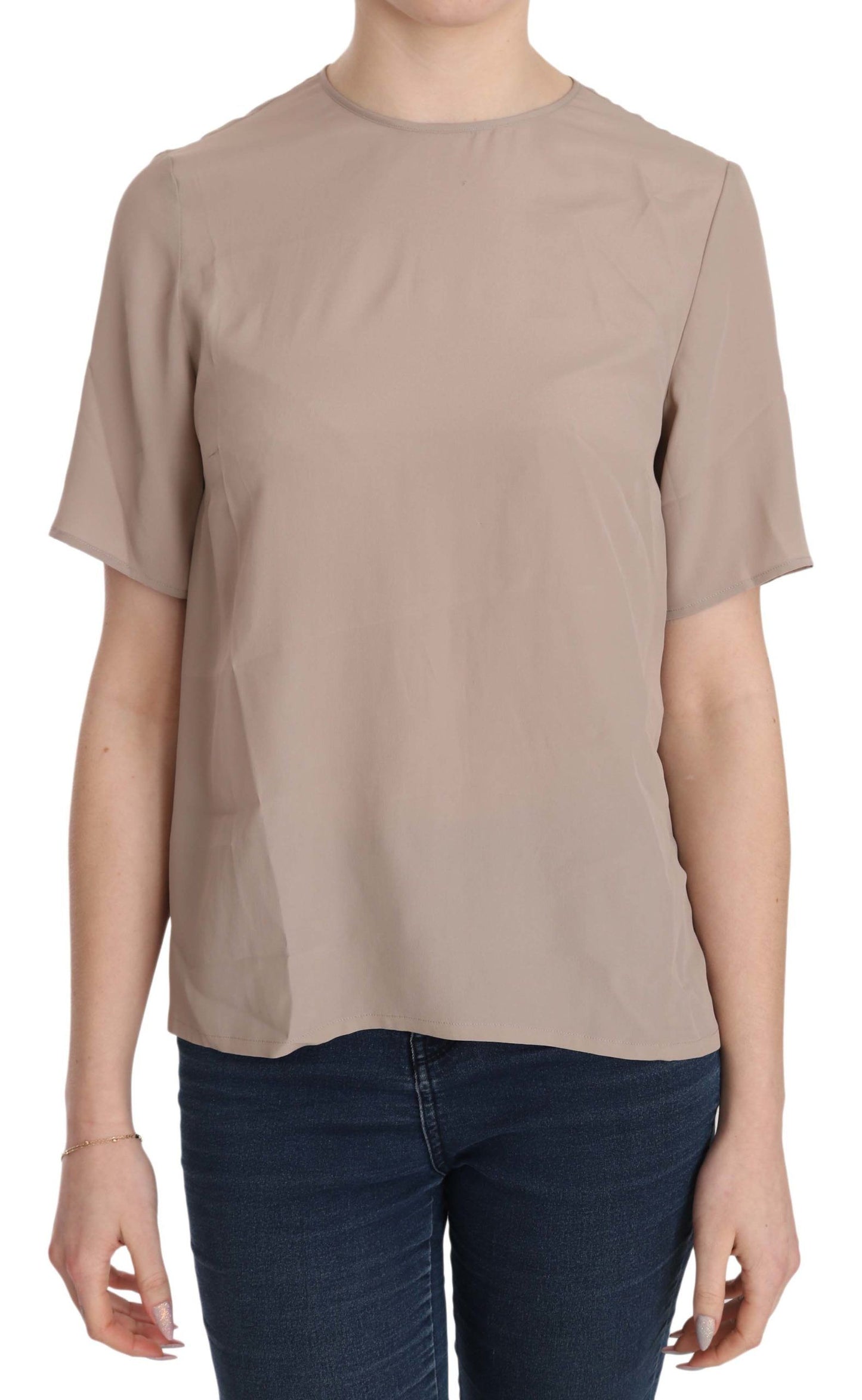 Elegant Beige Silk Blend Crew Neck Blouse