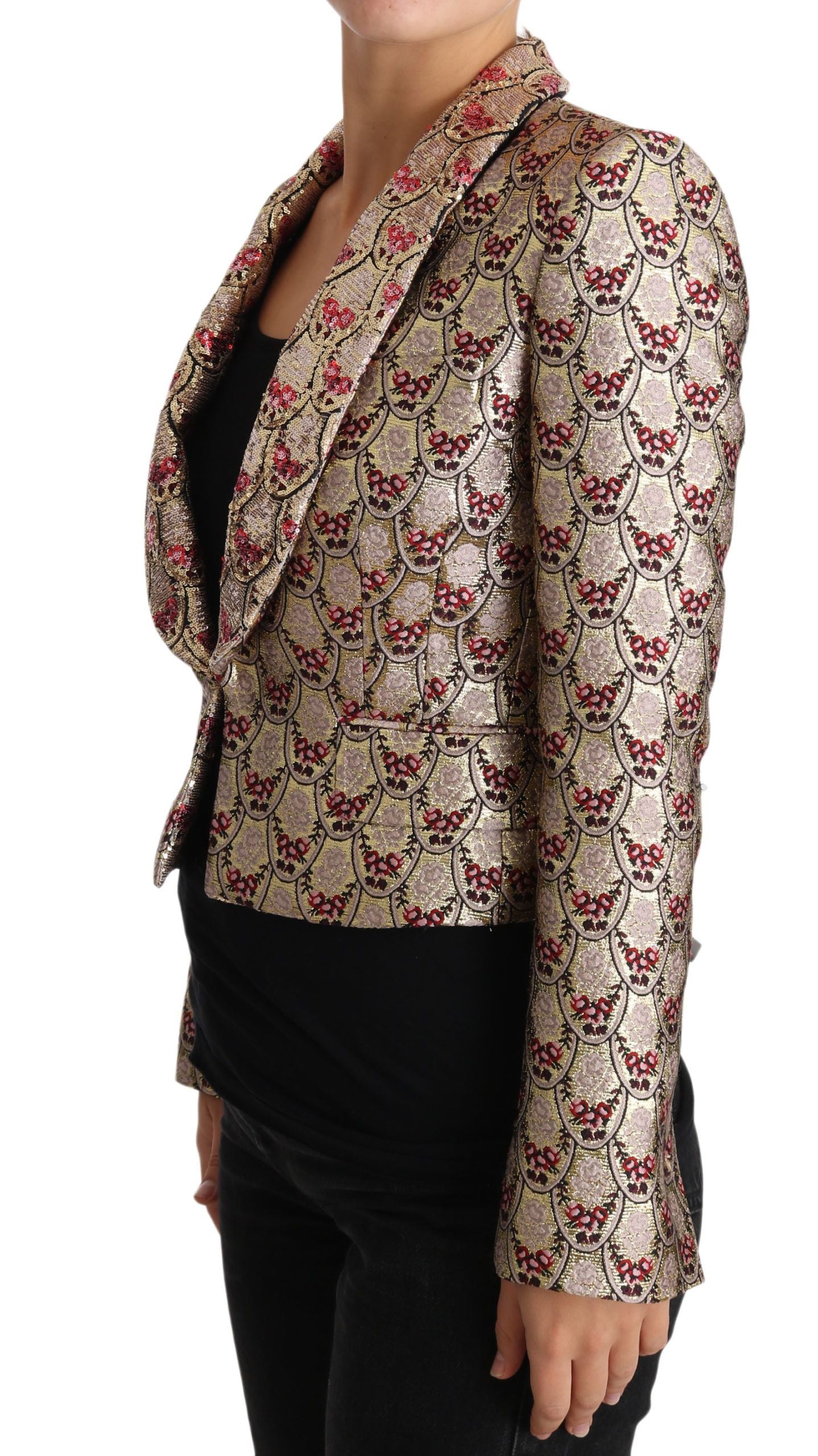 Giacca cappotto blazer con paillettes floreali dorate