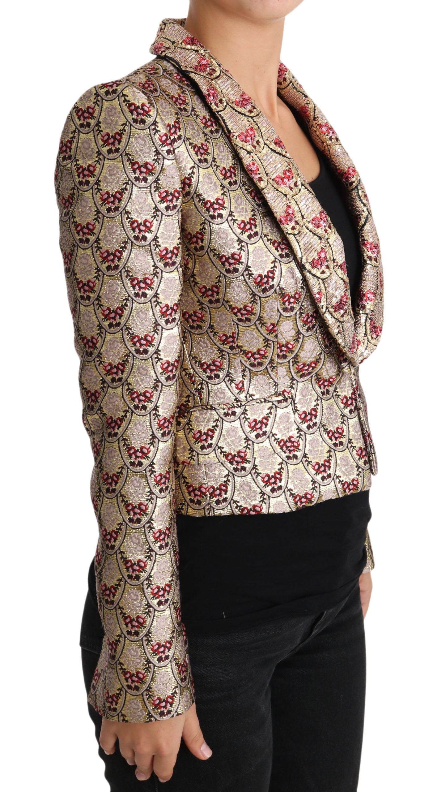 Giacca cappotto blazer con paillettes floreali dorate