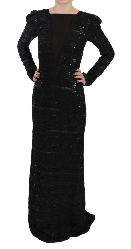 Robe longue en soie noire à paillettes