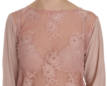 Blouse transparente en dentelle rose à manches longues