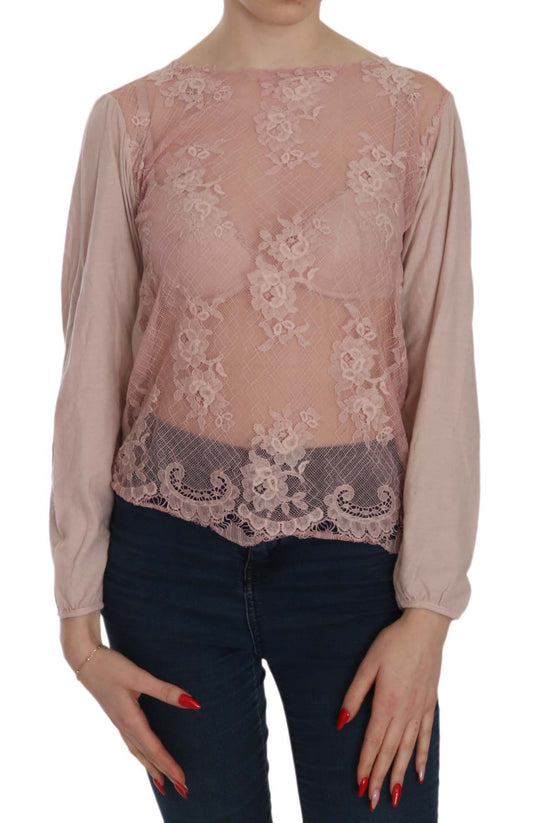 Blouse transparente en dentelle rose à manches longues