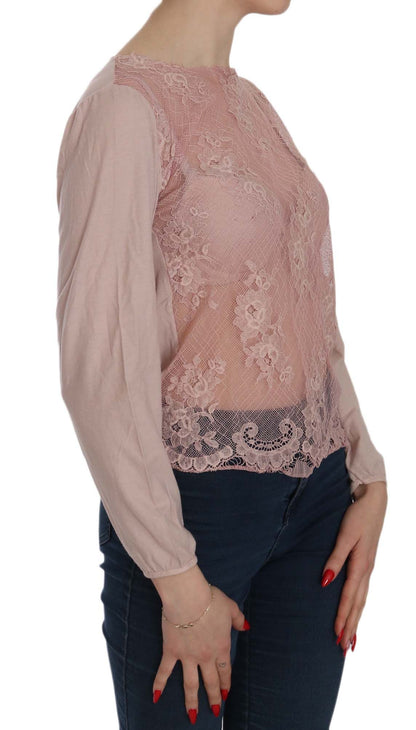 Blouse transparente en dentelle rose à manches longues