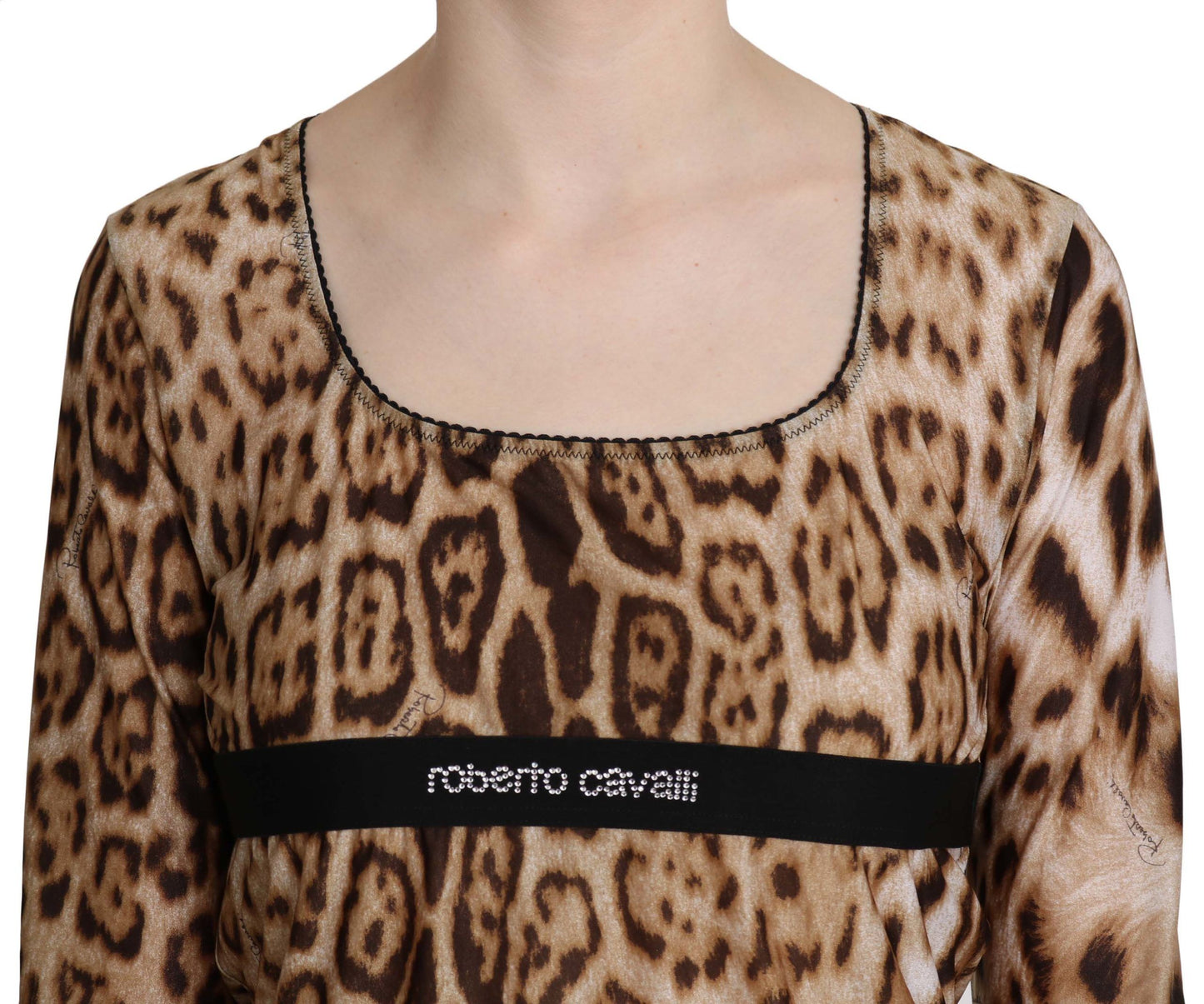 Camicetta superiore da donna leopardata con scollo tondo marrone