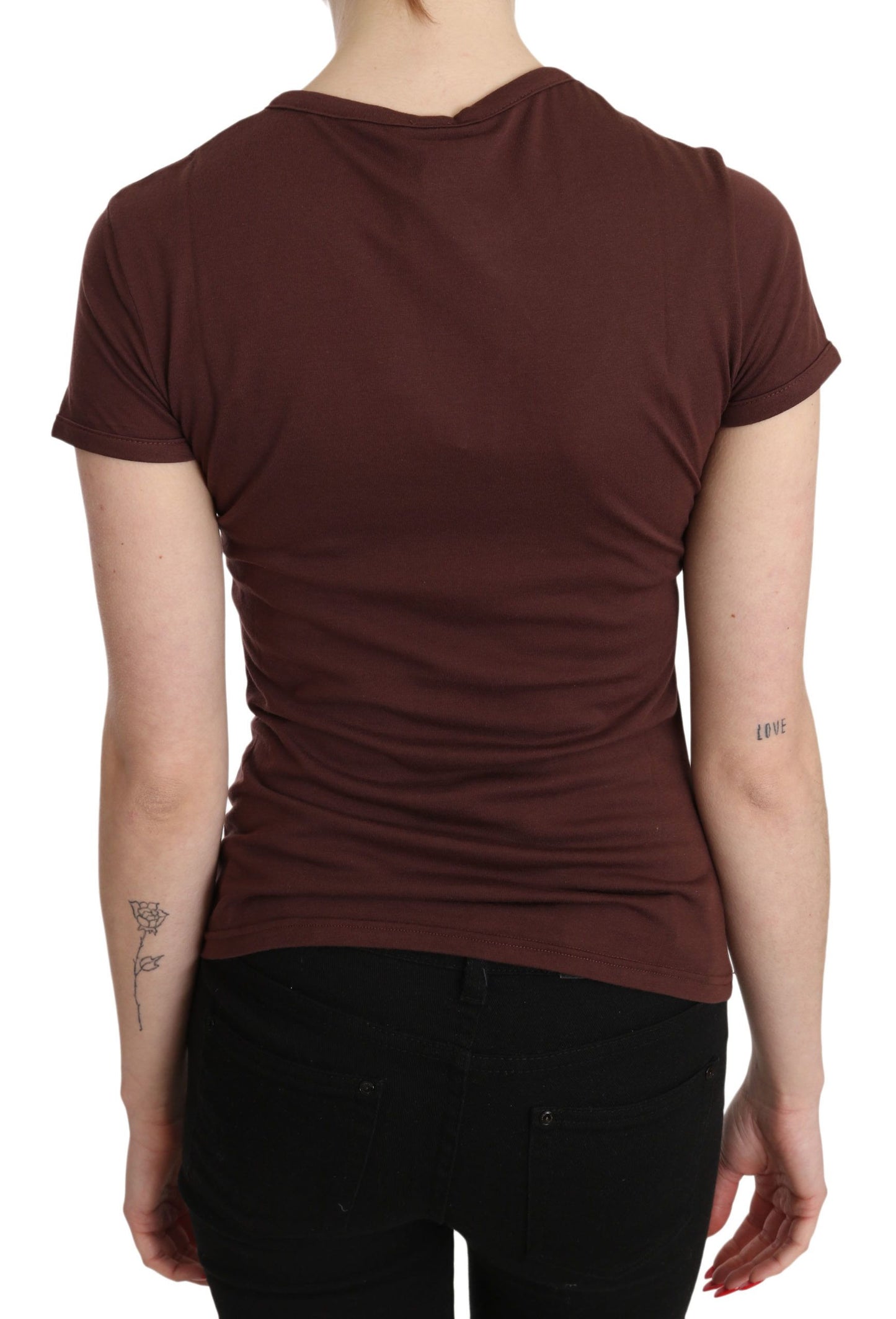 Haut t-shirt marron à col rond imprimé coeurs