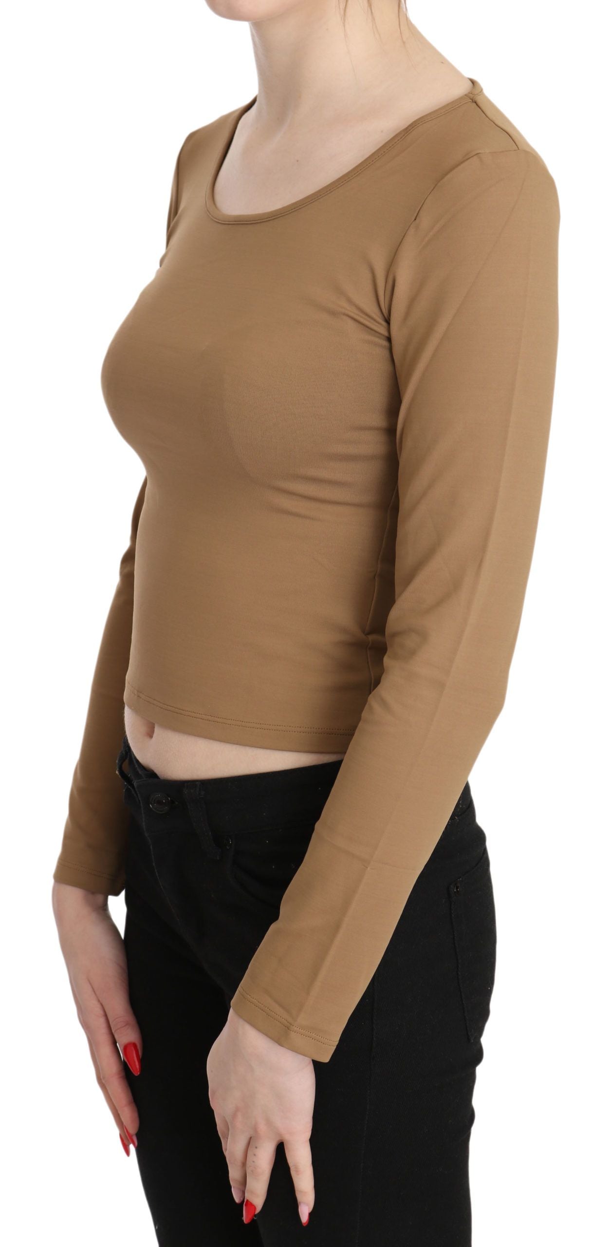 Braune, langärmlige, schmal geschnittene Crop-Top-Bluse mit Rundhalsausschnitt