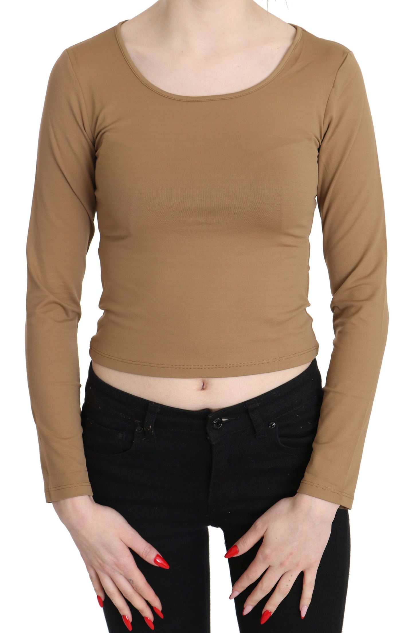 Braune, langärmlige, schmal geschnittene Crop-Top-Bluse mit Rundhalsausschnitt