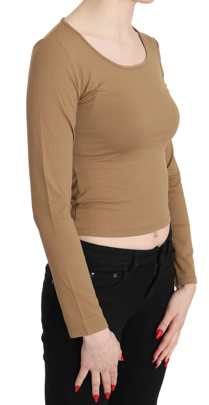 Braune, langärmlige, schmal geschnittene Crop-Top-Bluse mit Rundhalsausschnitt