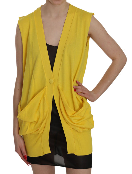 Gilet cardigan senza maniche in cotone giallo 100%.