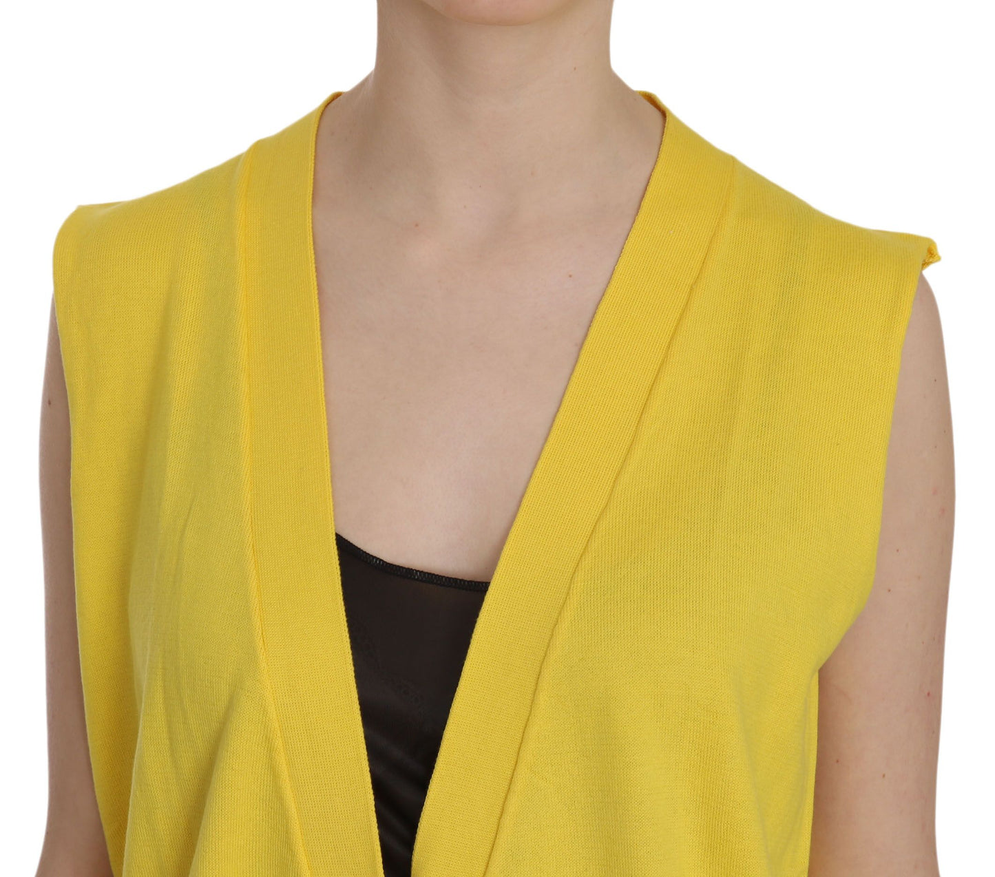 Gilet cardigan senza maniche in cotone giallo 100%.