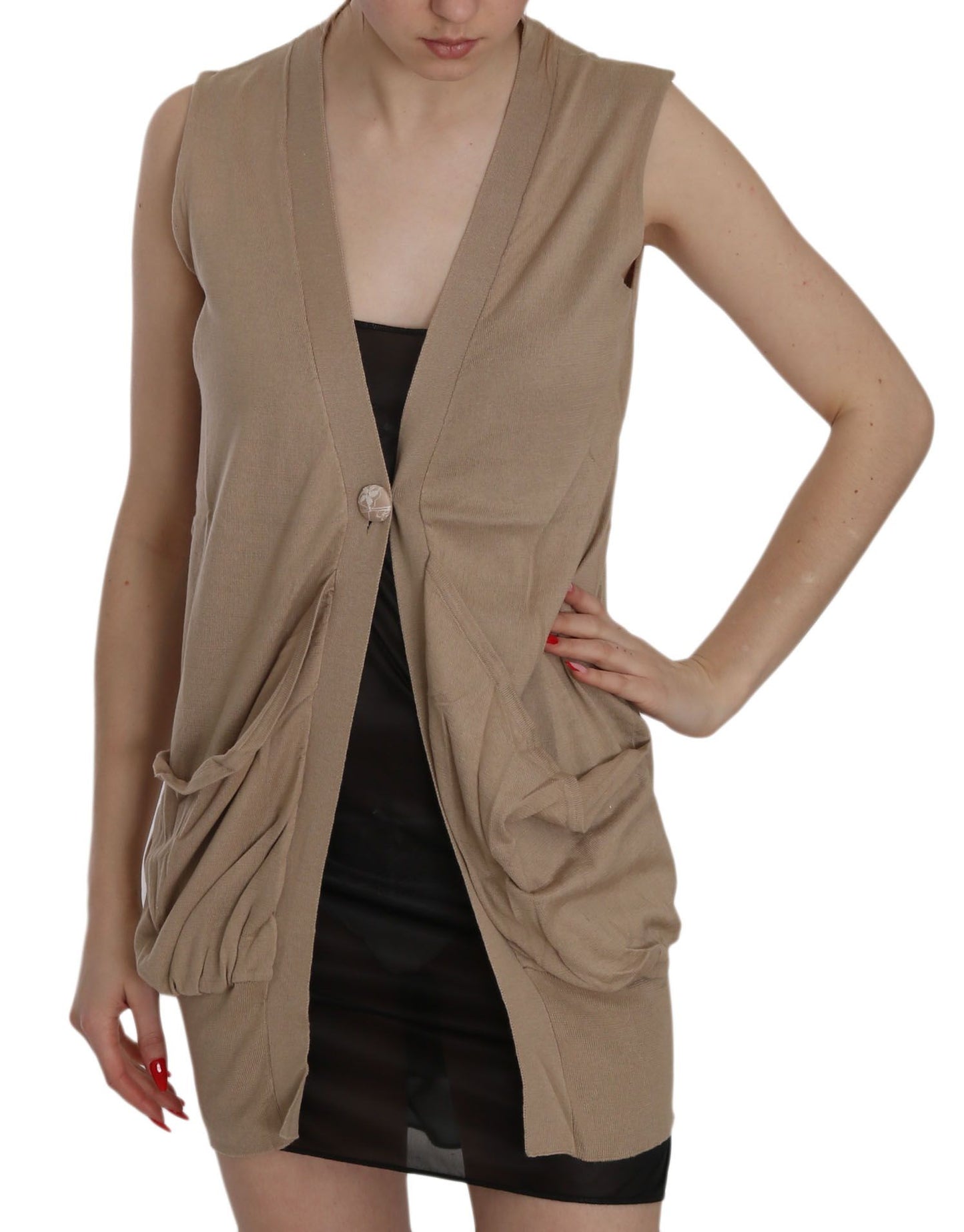 Gilet cardigan senza maniche in cotone marrone 100%.