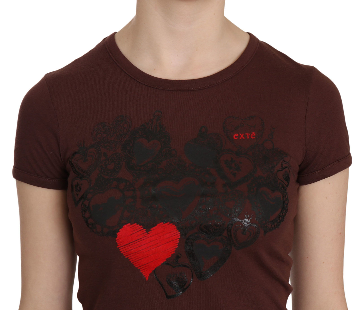 Camicetta a maniche corte T-shirt girocollo con stampa cuore marrone