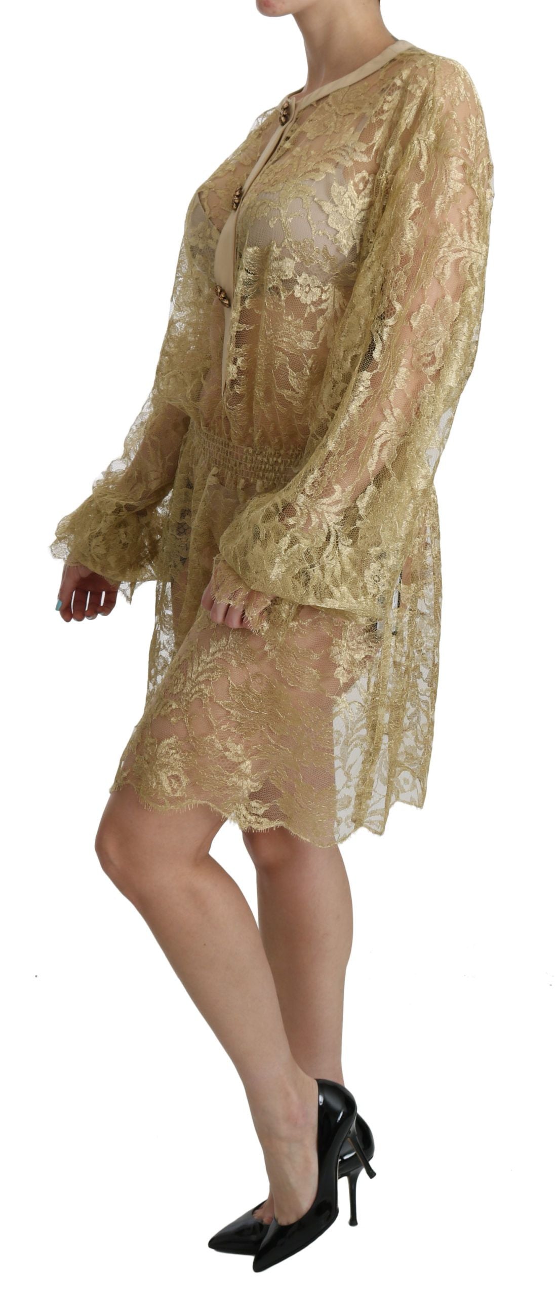 Dolce & Gabbana Elegant Gold Lace A-Line Knee Length Dress