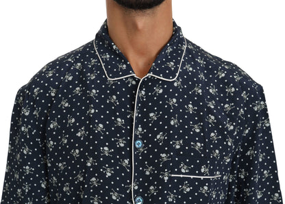 Camicia da notte in seta con stampa teschio blu