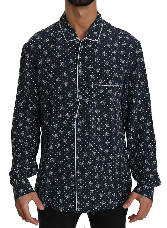 Camicia da notte in seta con stampa teschio blu