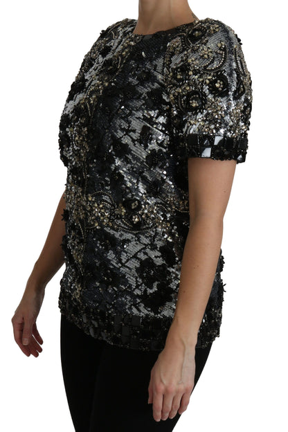 Blouse noire à paillettes et cristaux ornés