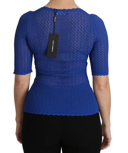 Blusa blu trasparente in viscosa con scollo tondo