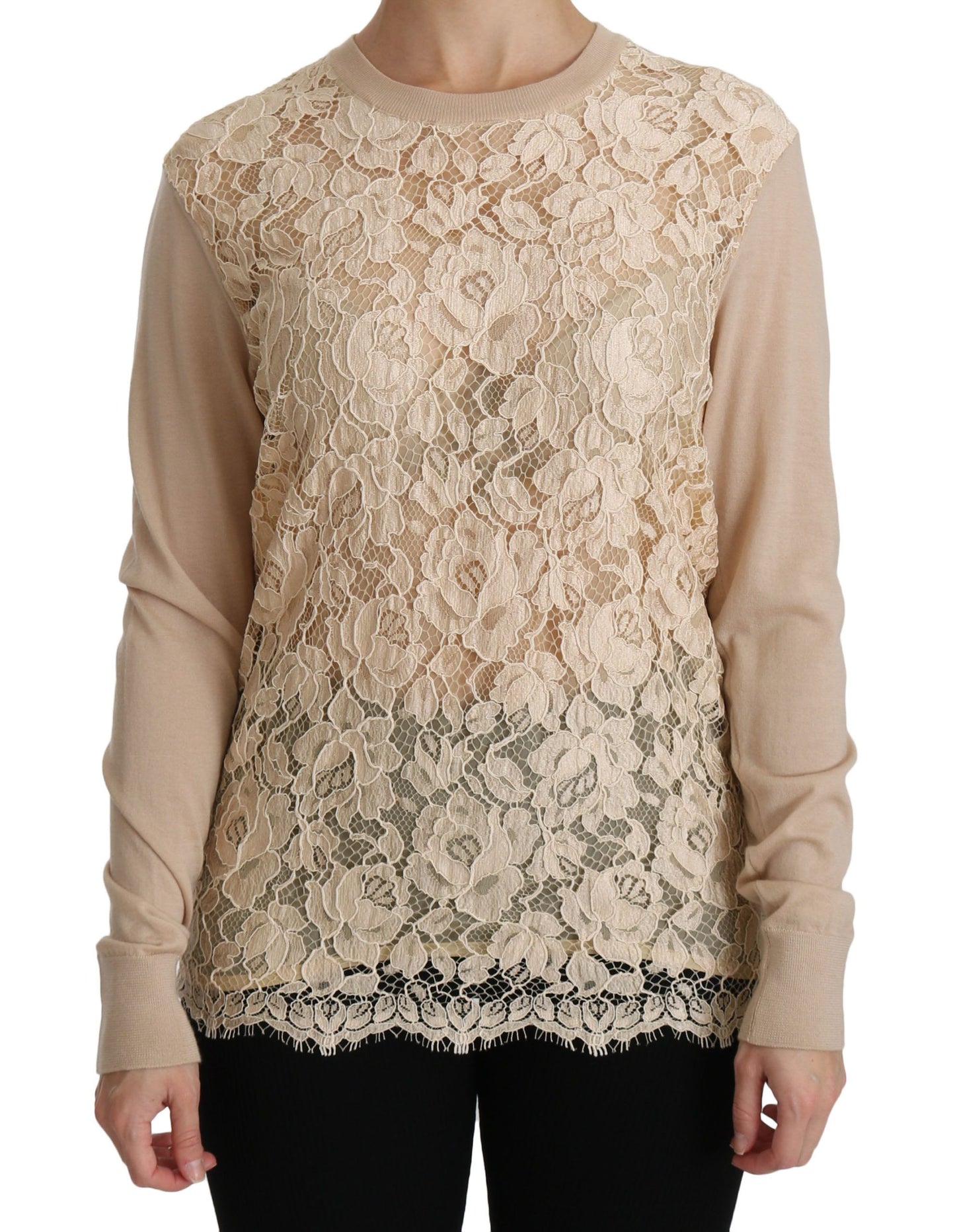 Camicetta in cashmere con top a maniche lunghe in pizzo beige