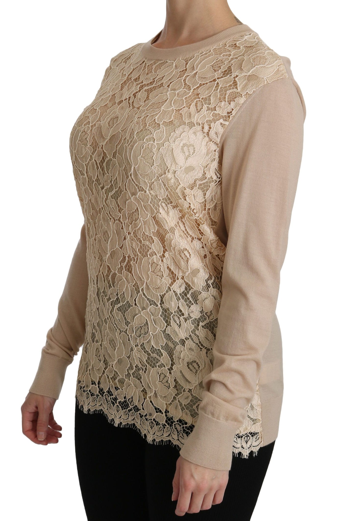 Blouse en cachemire à manches longues en dentelle beige