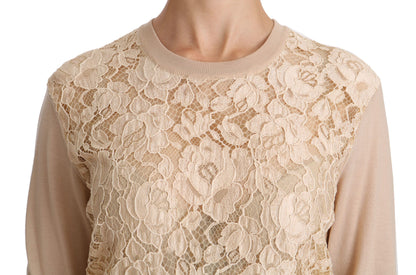 Camicetta in cashmere con top a maniche lunghe in pizzo beige