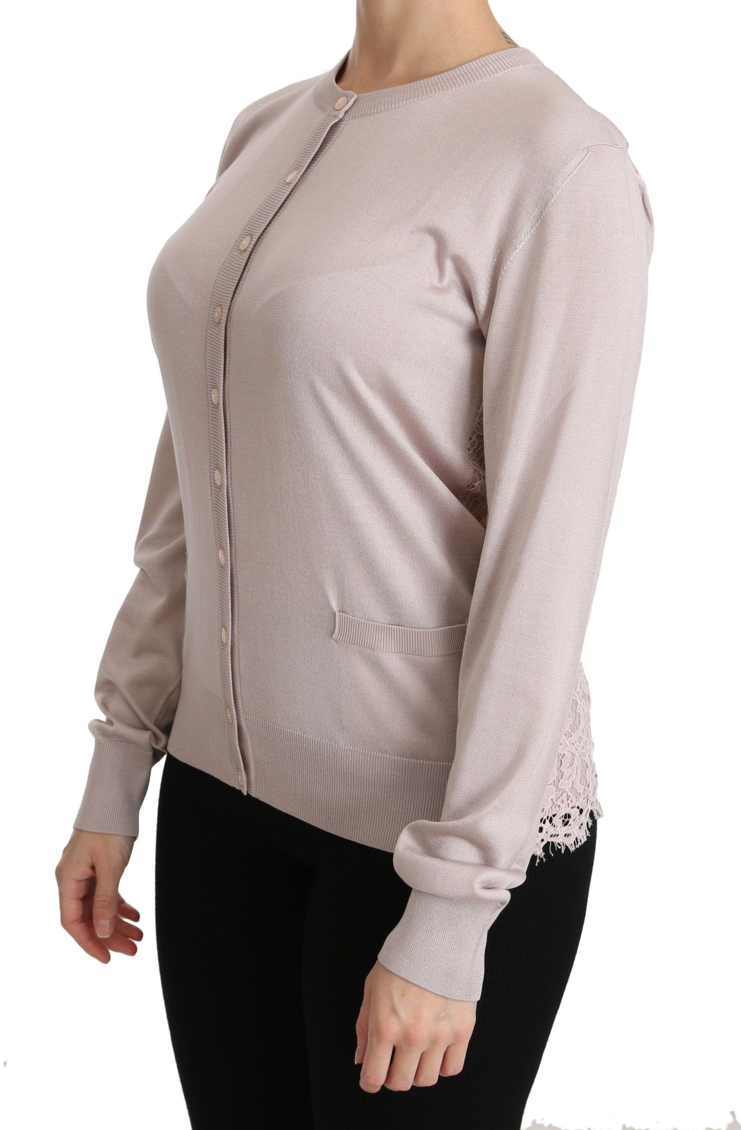 Maglione con top in pizzo a maniche lunghe rosa in seta