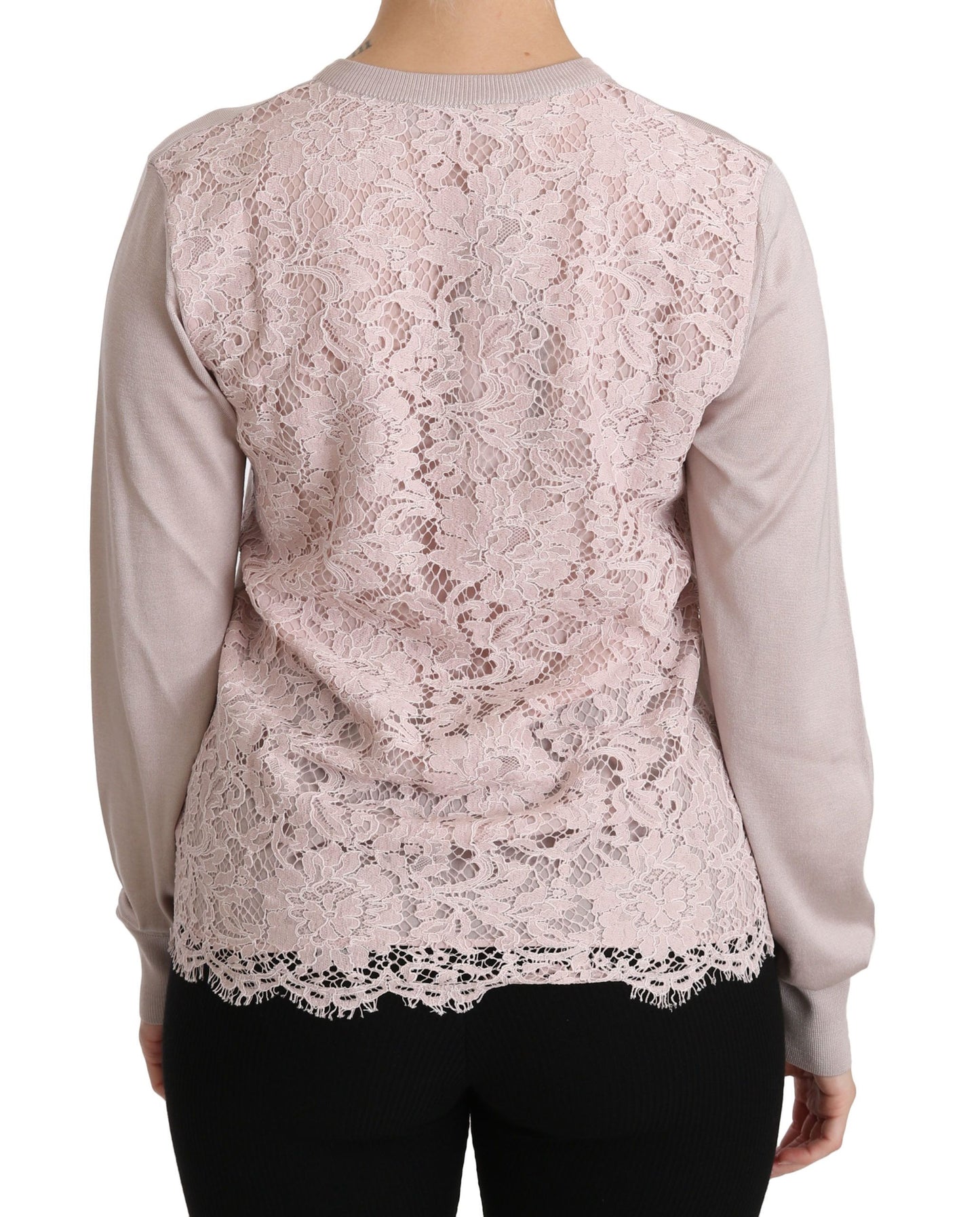 Maglione con top in pizzo a maniche lunghe rosa in seta