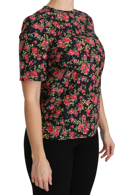 Schwarze, kurzärmlige Top-Bluse mit Blumen-Rosen-Motiv