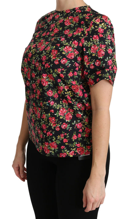 Schwarze, kurzärmlige Top-Bluse mit Blumen-Rosen-Motiv