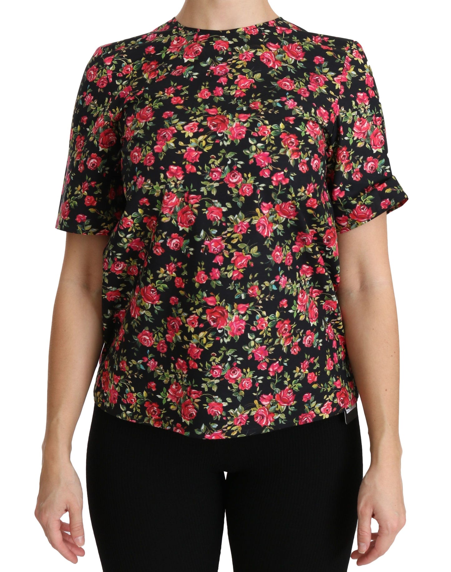 Schwarze, kurzärmlige Top-Bluse mit Blumen-Rosen-Motiv