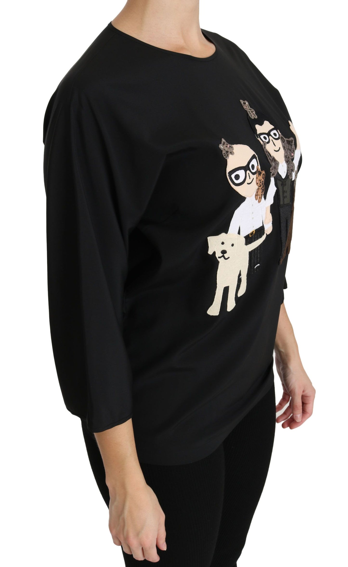 Schwarze #dgfamily Top T-Shirt Seidenbluse