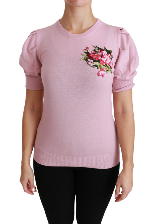 Top in lana con camicetta ricamata floreale rosa