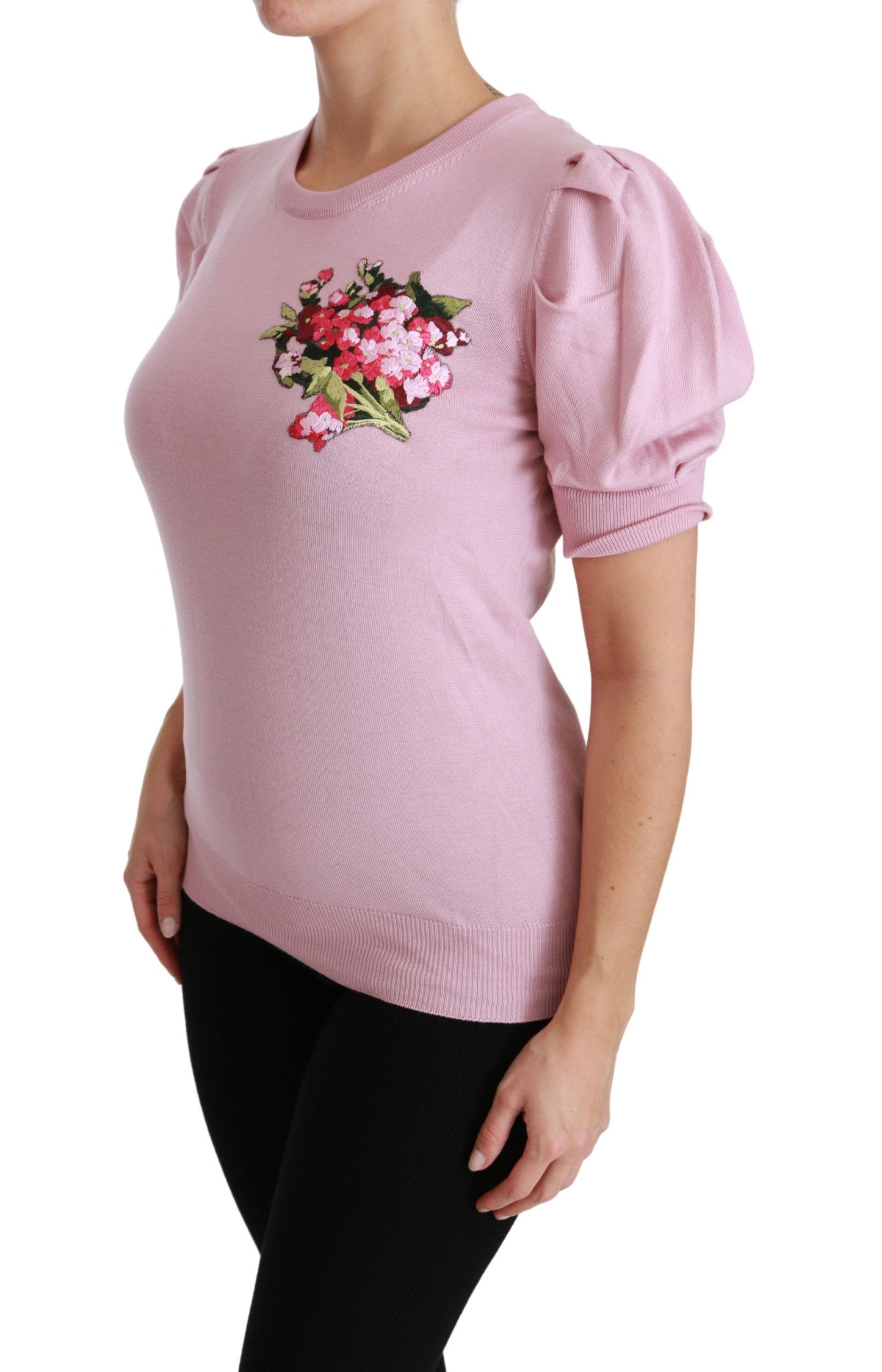 Top in lana con camicetta ricamata floreale rosa