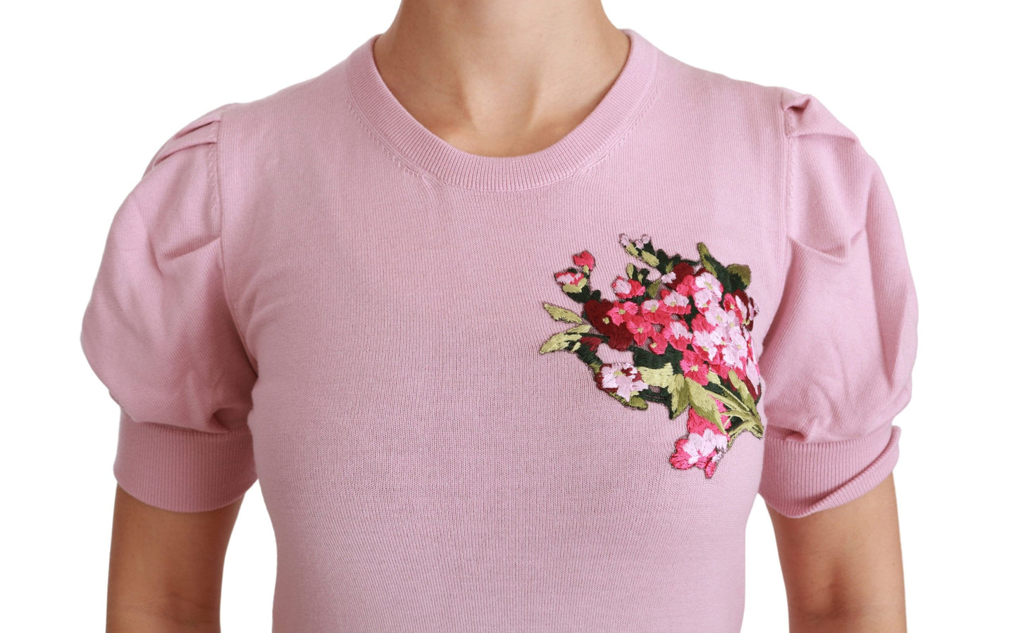 Top in lana con camicetta ricamata floreale rosa