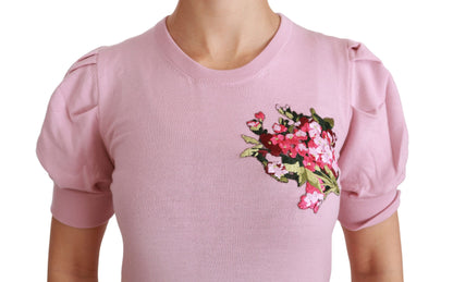 Rosa, mit Blumen bestickte Bluse aus Wolle