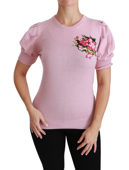 Rosa, mit Blumen bestickte Bluse aus Wolle