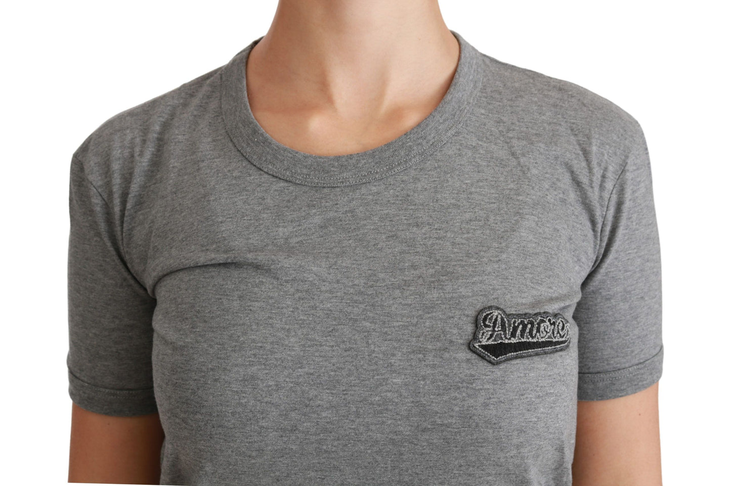 T-shirt girocollo in cotone grigio con patch Amore