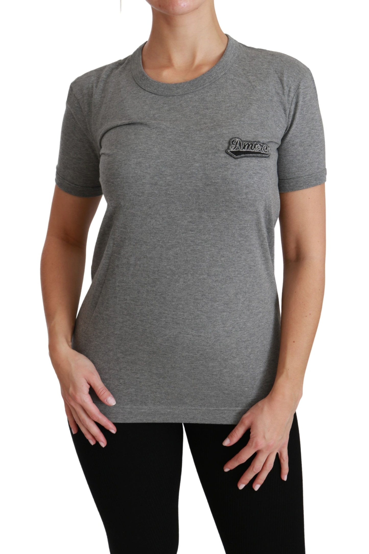 T-shirt girocollo in cotone grigio con patch Amore