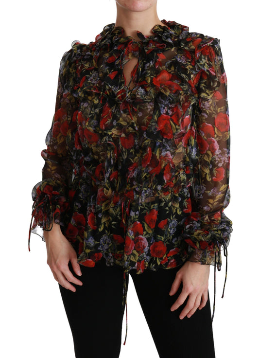 Schwarze Bluse mit Blumen-Rosen-Seide