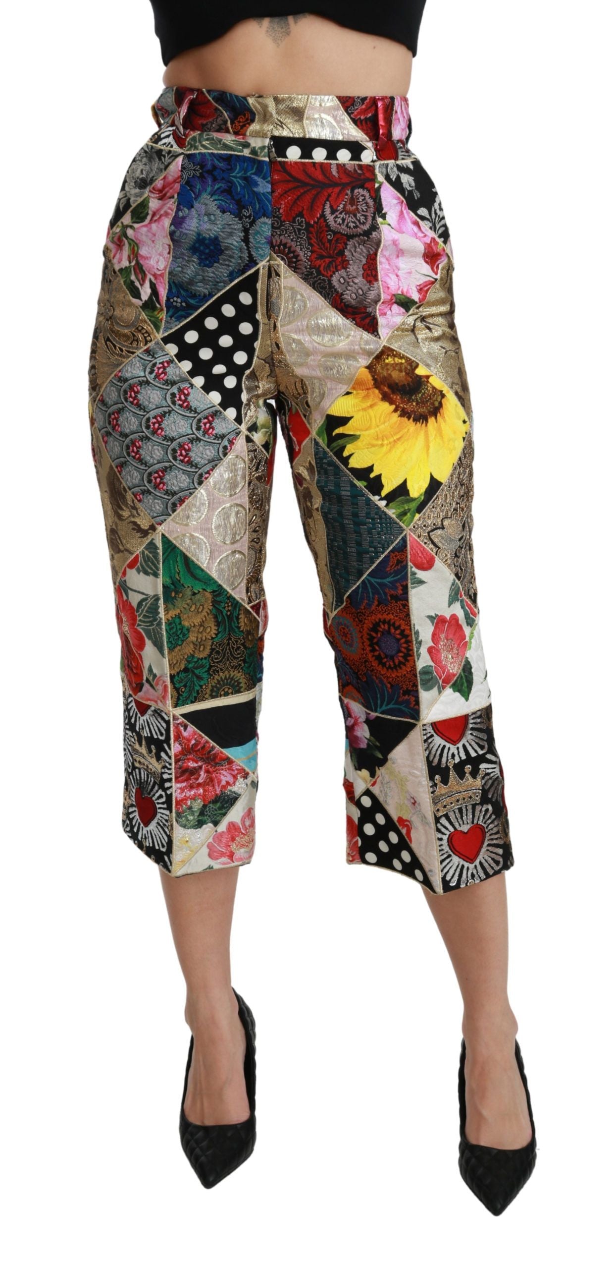 Pantaloni cropped a vita alta con stampa multicolor in seta