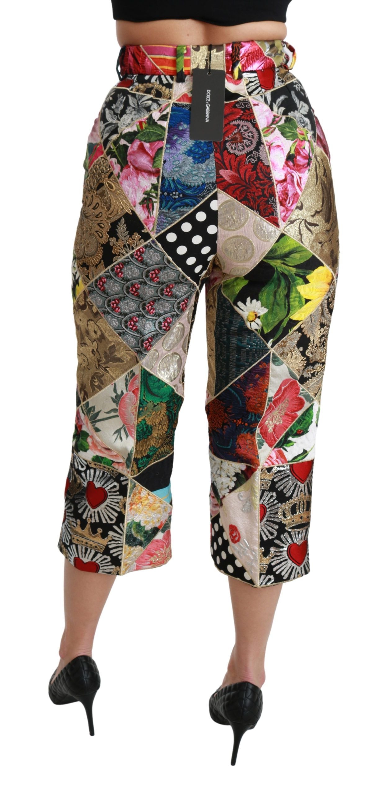 Pantaloni cropped a vita alta con stampa multicolor in seta