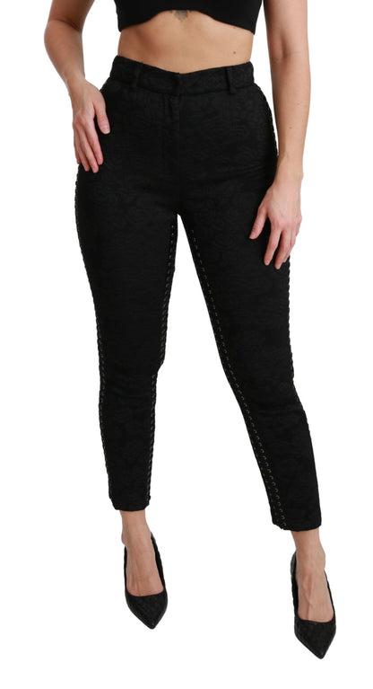 Pantaloni skinny a vita alta in broccato nero