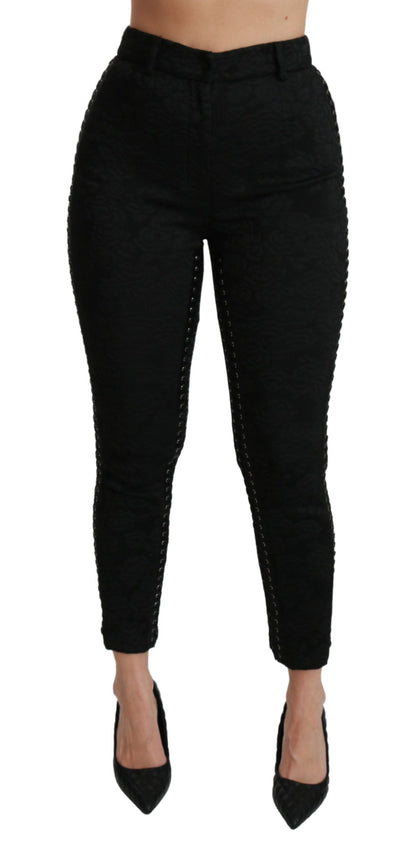 Pantaloni skinny a vita alta in broccato nero