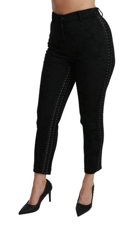 Pantaloni skinny a vita alta in broccato nero