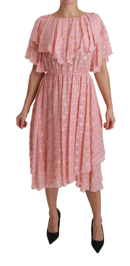 Robe midi trapèze plissée en soie rose à pois