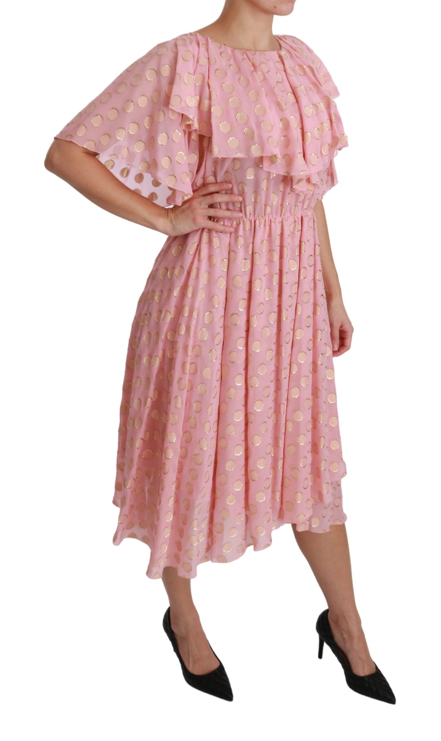 Robe midi trapèze plissée en soie rose à pois