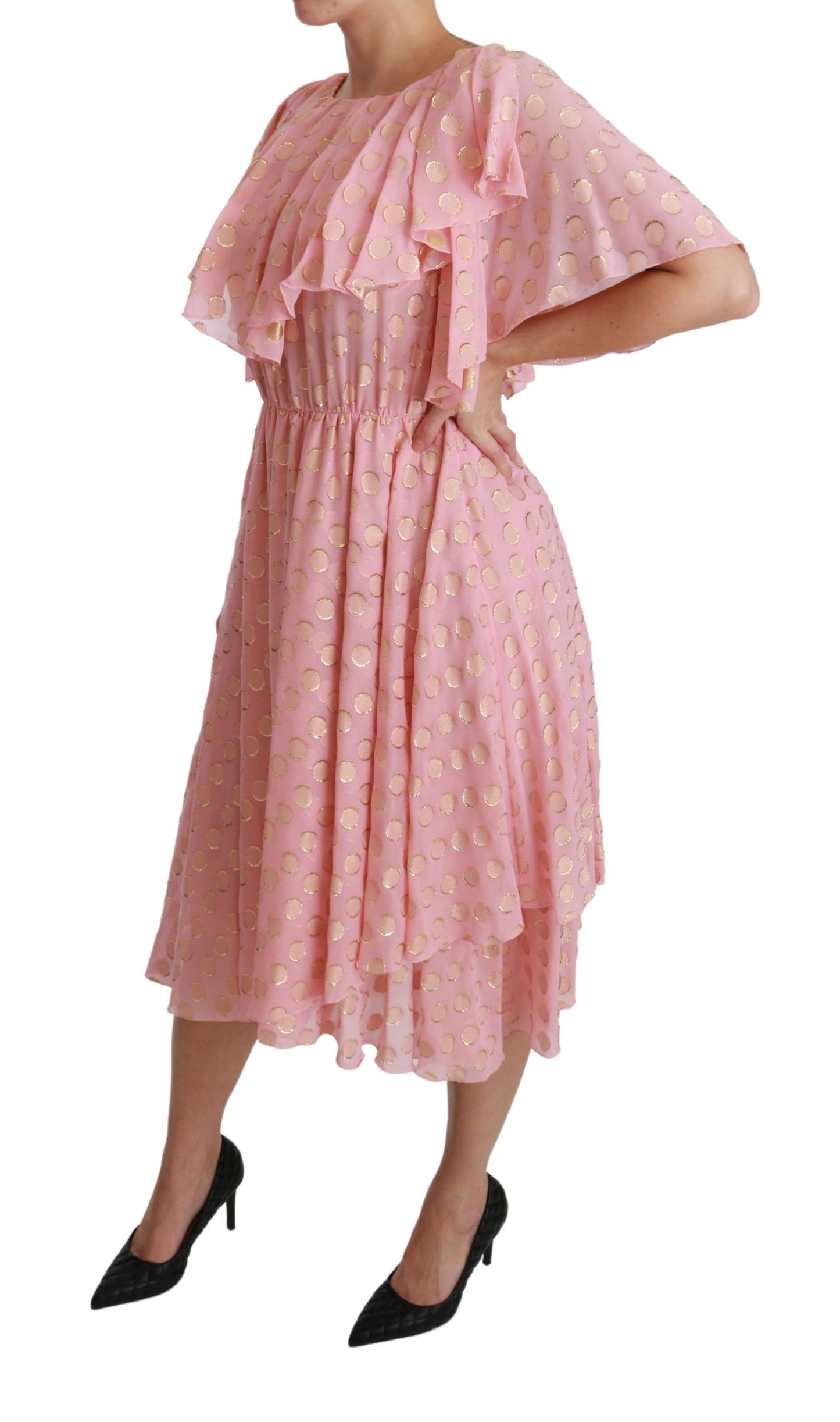 Robe midi trapèze plissée en soie rose à pois