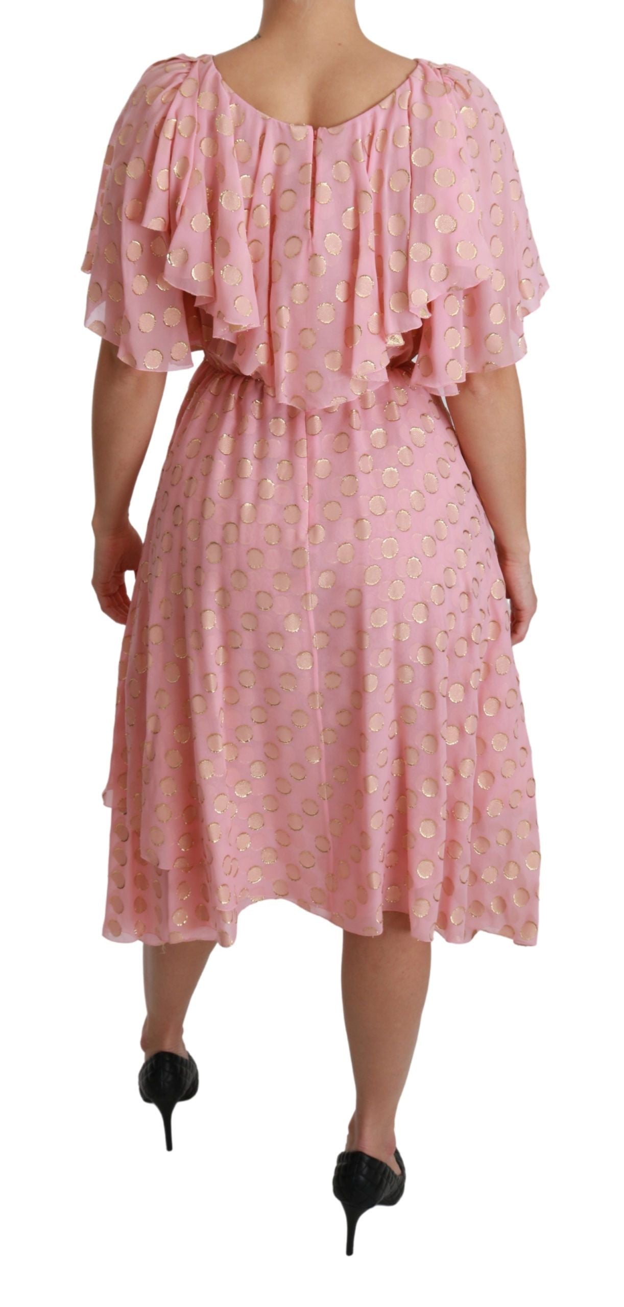 Robe midi trapèze plissée en soie rose à pois