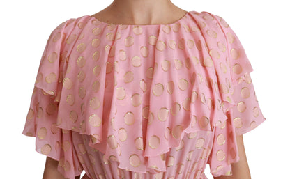 Robe midi trapèze plissée en soie rose à pois