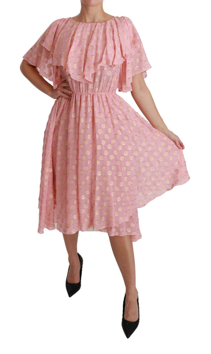 Robe midi trapèze plissée en soie rose à pois