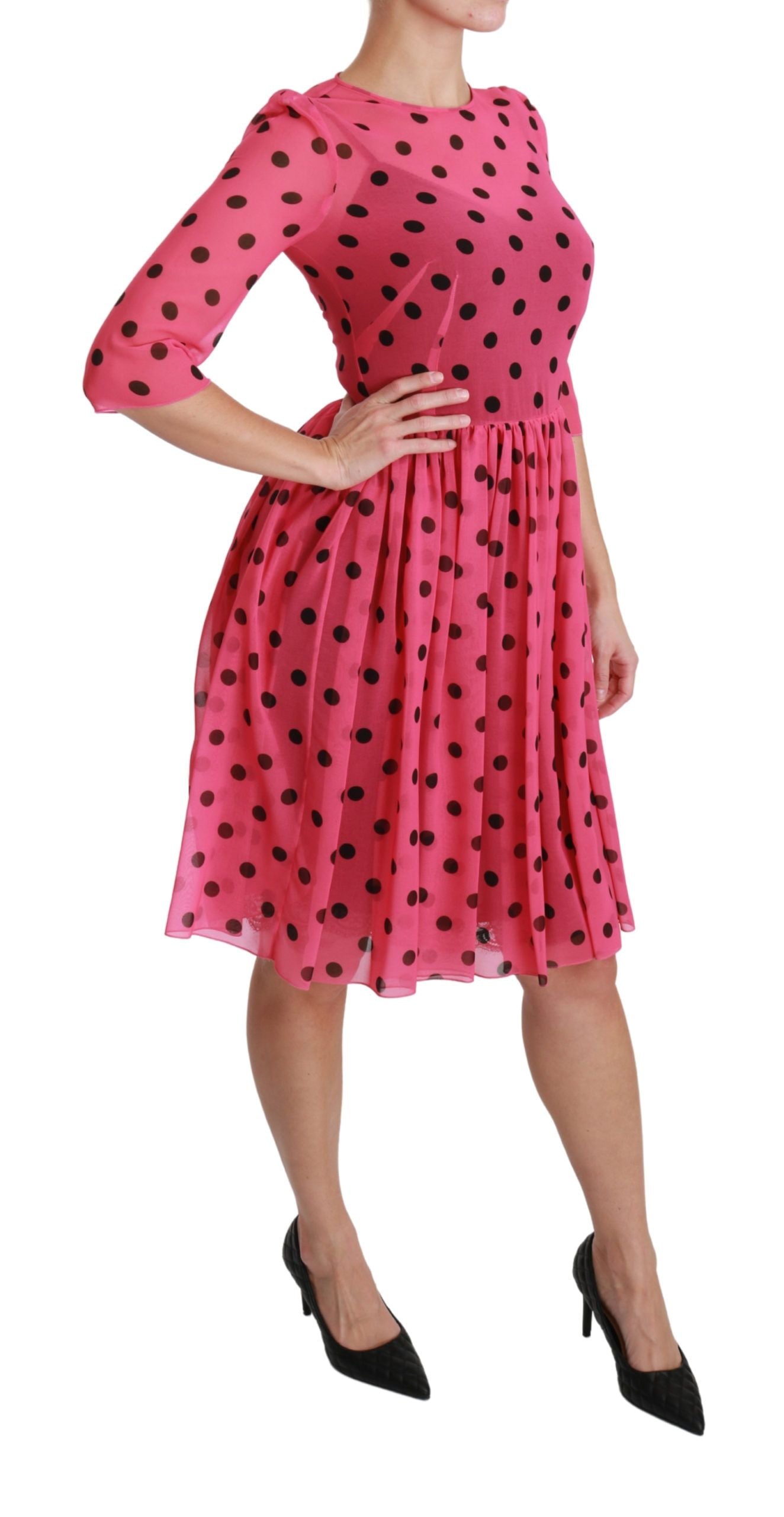 Robe trapèze rose à pois longueur genou